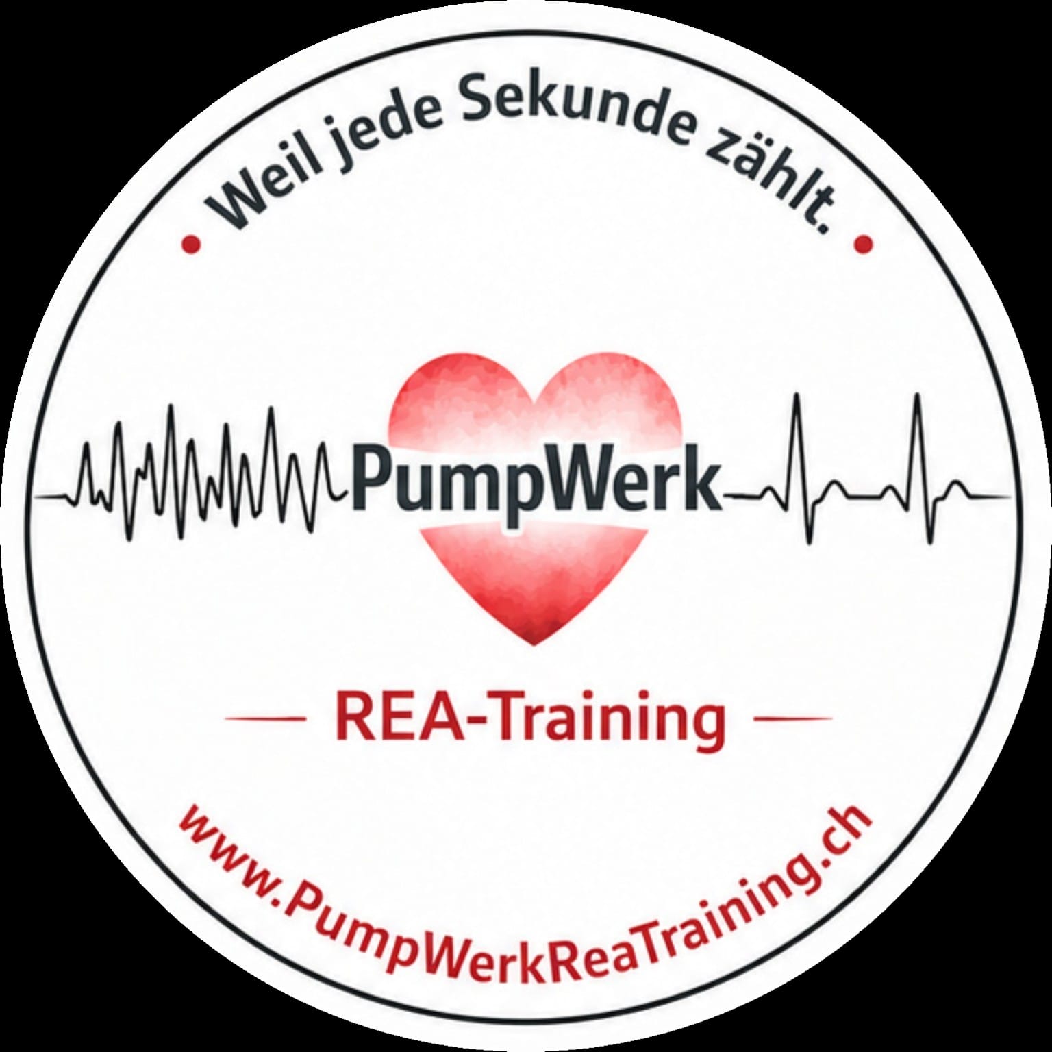 Rundes Logo mit Herz, EKG-Linie, Text „Weil jede Sekunde zählt“ und „REA-Training“ sowie Website.